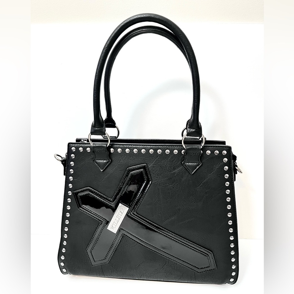 Killstar Exorcist Black Faux Leather Satchel Crossbody Handbag Studs Cross Goth - Picture 3 of 12
